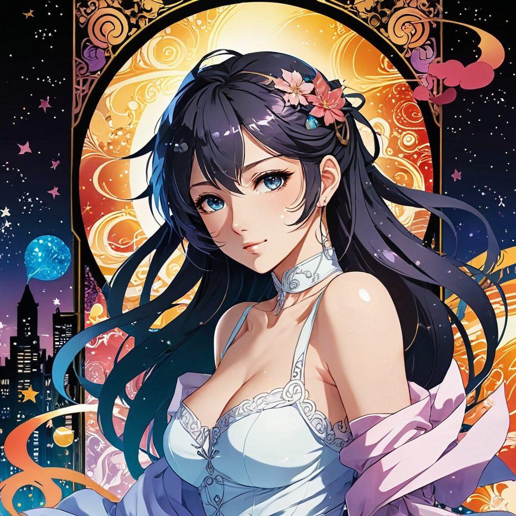 A sophisticated and artistic representation of adult anime characters in a stylish, erotic pose, surrounded by iconic manga elements like panels and speech bubbles. The scene is filled with rich, vibrant colors that evoke a sense of allure and intrigue, while subtle hints of fantasy elements enhance the atmosphere. The background features a soft gradient, drawing attention to the characters. Anime-style, vibrant colors, dreamy atmosphere.
